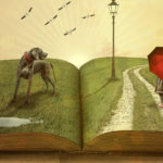 dessin représentant un livre ouvert avec un paysage en relief